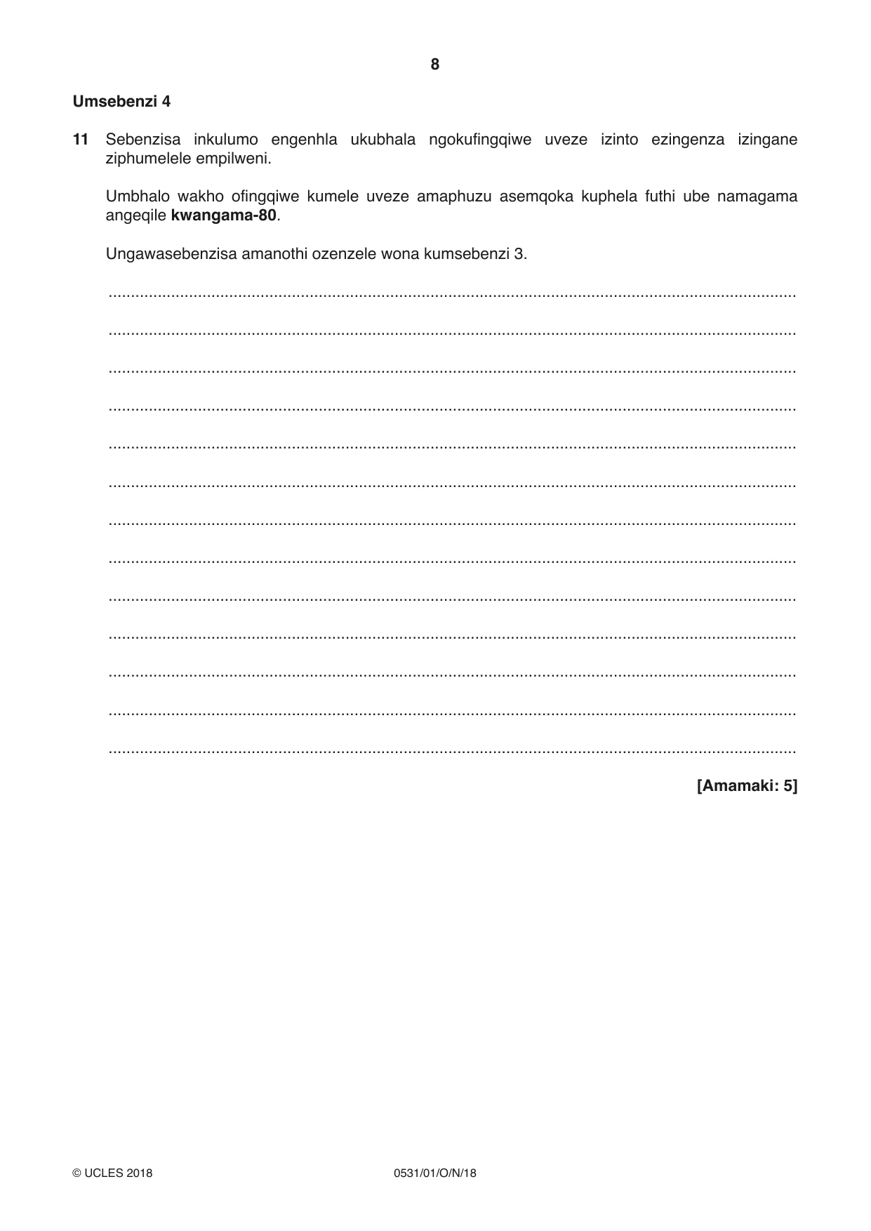 Cambridge IGCSE IsiZulu as a Second Language 0531 2018 Oct/Nov Paper 1 · Variant 0 question paper, page 8 of 16