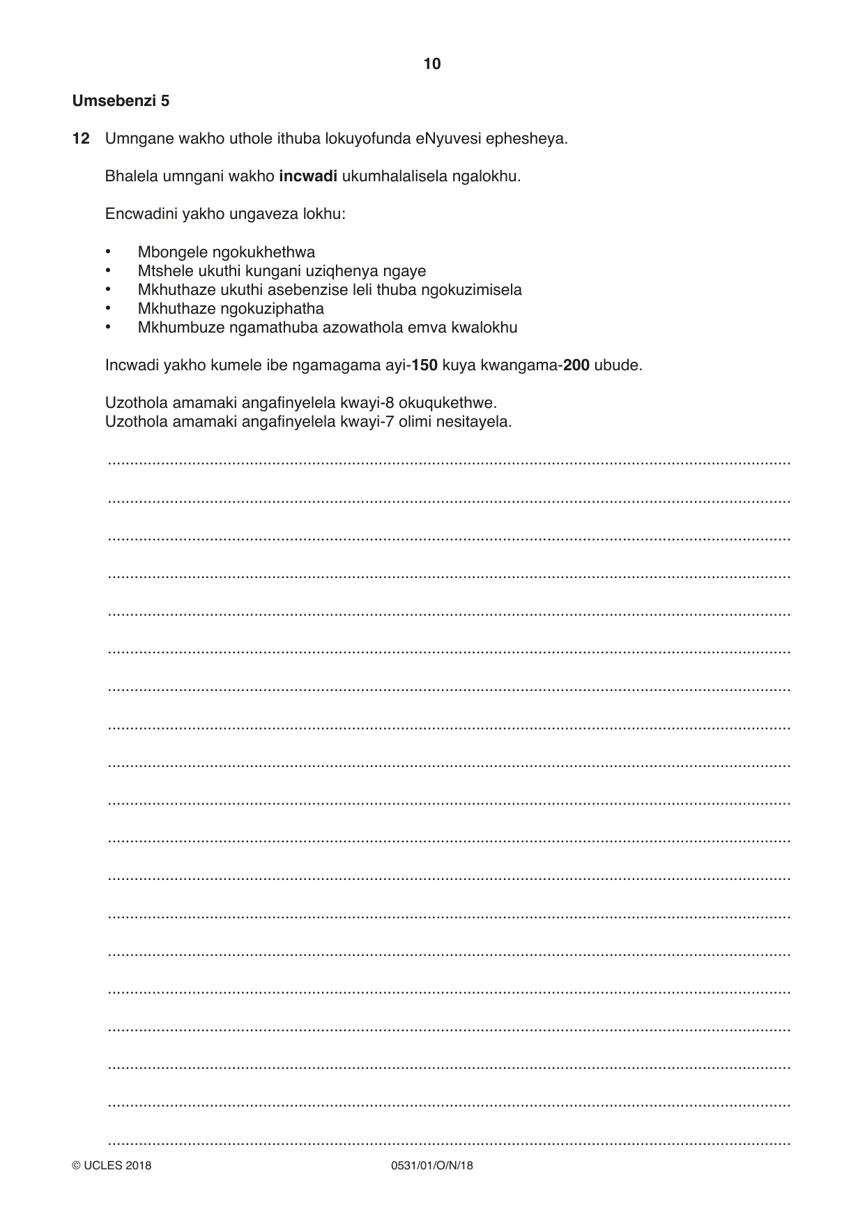 Cambridge IGCSE IsiZulu as a Second Language 0531 2018 Oct/Nov Paper 1 · Variant 0 question paper, page 10 of 16
