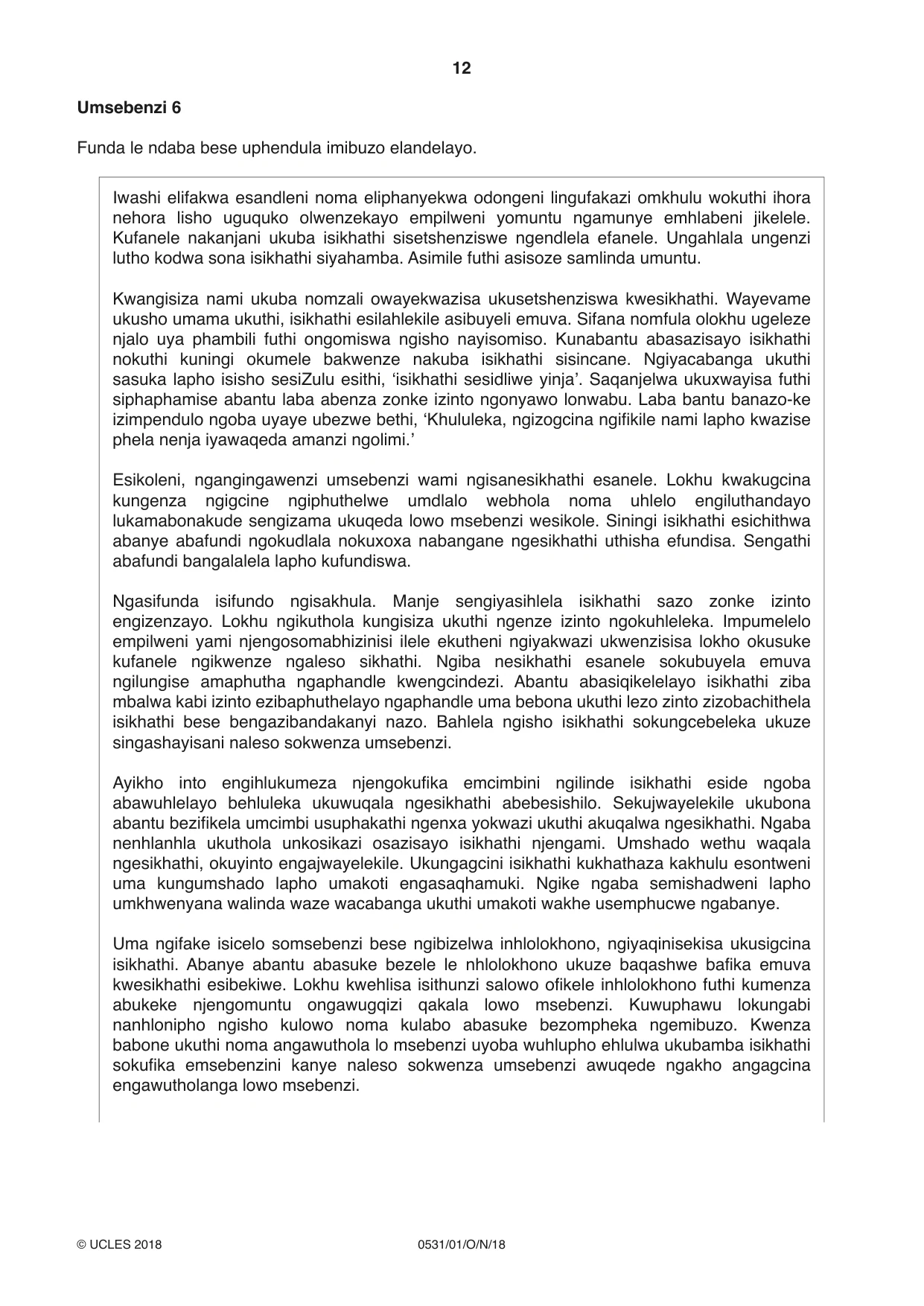 Cambridge IGCSE IsiZulu as a Second Language 0531 2018 Oct/Nov Paper 1 · Variant 0 question paper, page 12 of 16