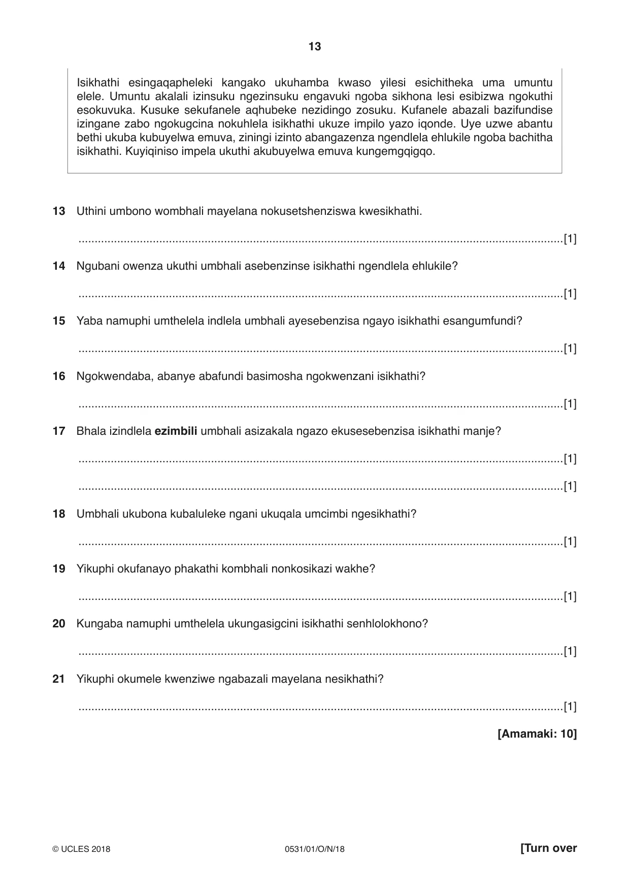 Cambridge IGCSE IsiZulu as a Second Language 0531 2018 Oct/Nov Paper 1 · Variant 0 question paper, page 13 of 16