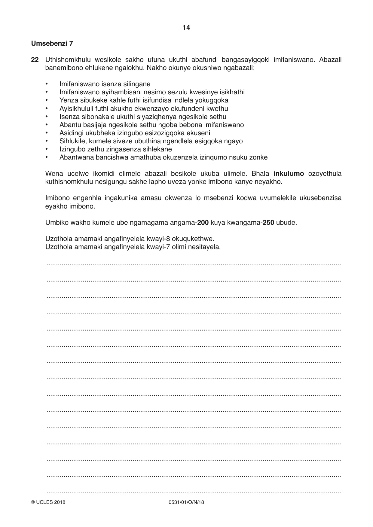 Cambridge IGCSE IsiZulu as a Second Language 0531 2018 Oct/Nov Paper 1 · Variant 0 question paper, page 14 of 16