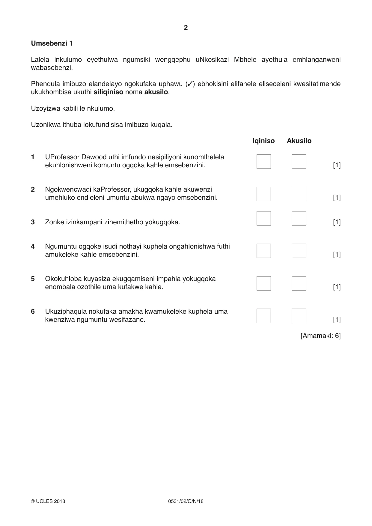 Cambridge IGCSE IsiZulu as a Second Language 0531 2018 Oct/Nov Paper 2 · Variant 0 question paper, page 2 of 8