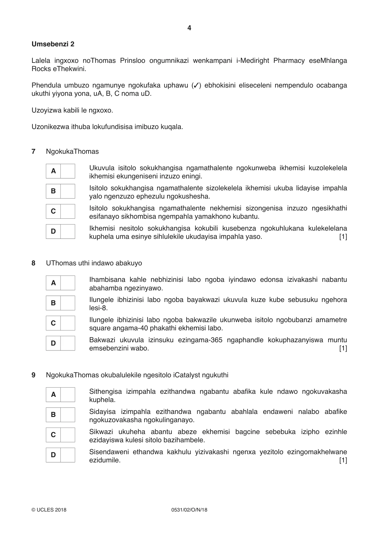 Cambridge IGCSE IsiZulu as a Second Language 0531 2018 Oct/Nov Paper 2 · Variant 0 question paper, page 4 of 8