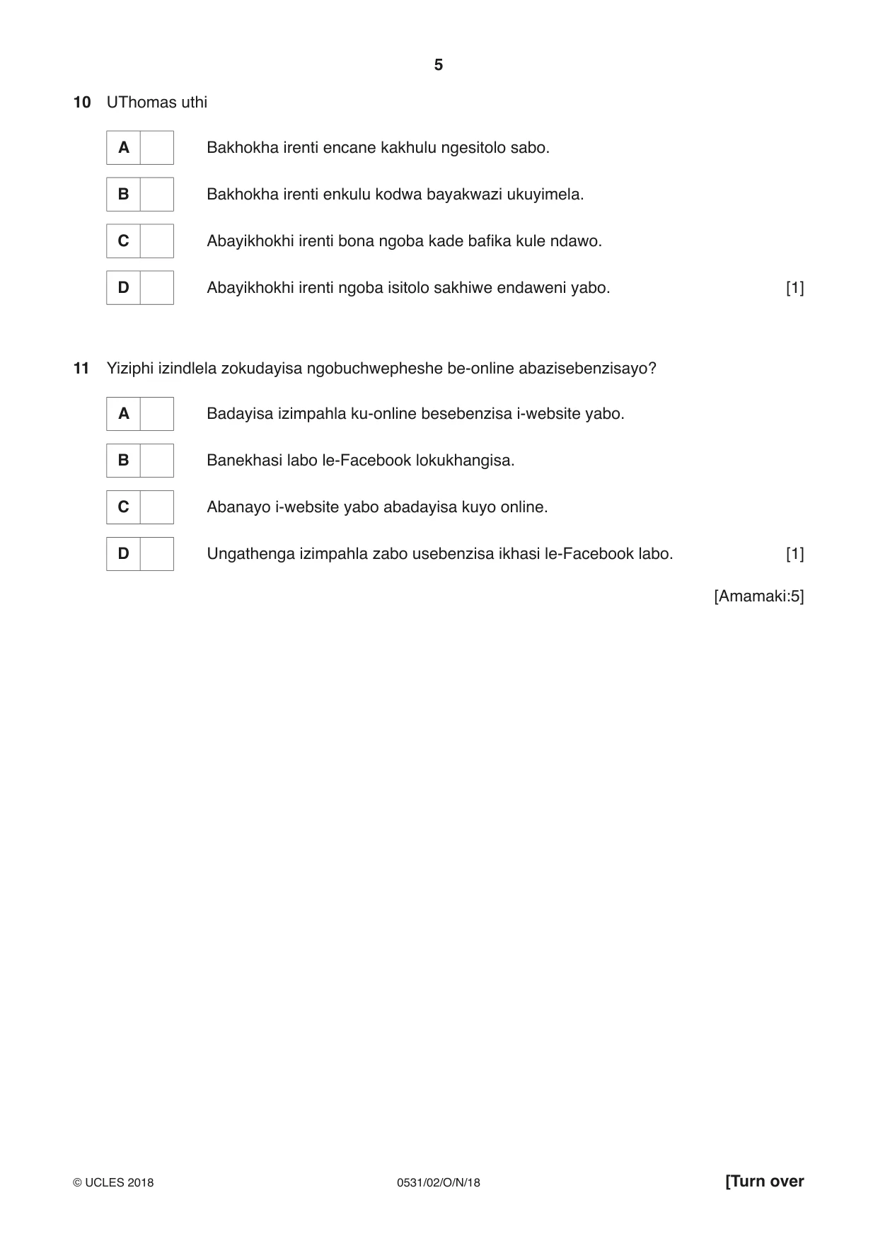 Cambridge IGCSE IsiZulu as a Second Language 0531 2018 Oct/Nov Paper 2 · Variant 0 question paper, page 5 of 8
