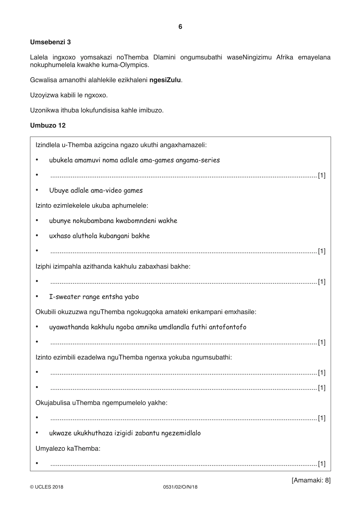 Cambridge IGCSE IsiZulu as a Second Language 0531 2018 Oct/Nov Paper 2 · Variant 0 question paper, page 6 of 8