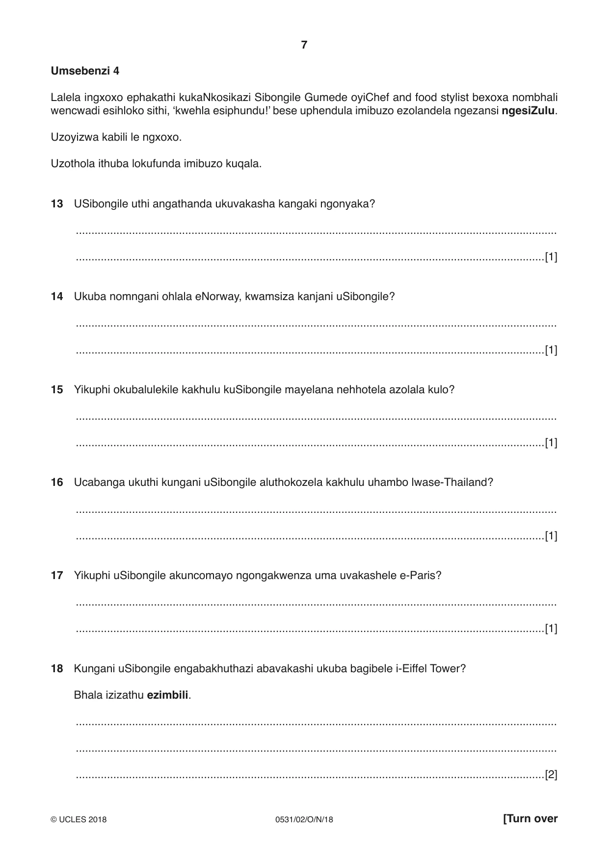 Cambridge IGCSE IsiZulu as a Second Language 0531 2018 Oct/Nov Paper 2 · Variant 0 question paper, page 7 of 8