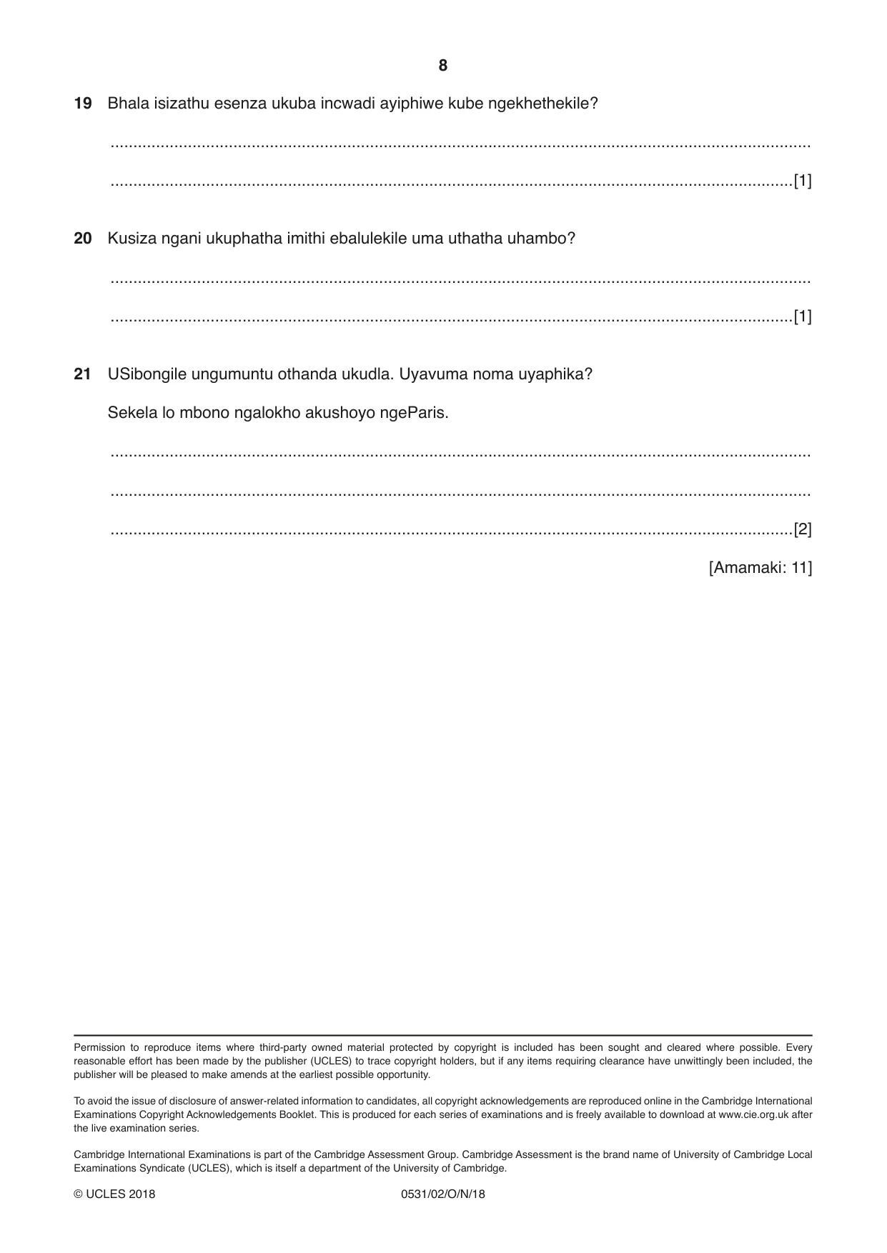 Cambridge IGCSE IsiZulu as a Second Language 0531 2018 Oct/Nov Paper 2 · Variant 0 question paper, page 8 of 8