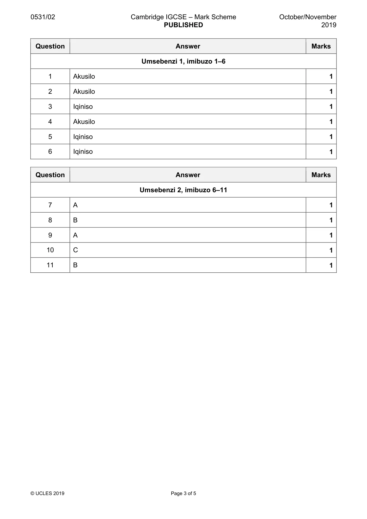 Mark scheme, page 3 of 5