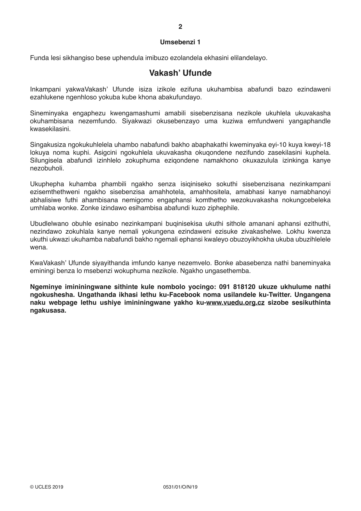 Cambridge IGCSE IsiZulu as a Second Language 0531 2019 Oct/Nov Paper 1 · Variant 1 question paper, page 2 of 20