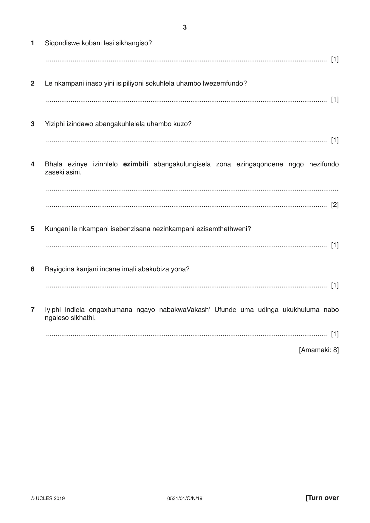 Cambridge IGCSE IsiZulu as a Second Language 0531 2019 Oct/Nov Paper 1 · Variant 1 question paper, page 3 of 20