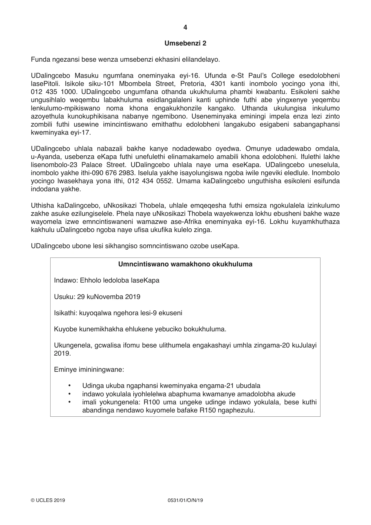 Cambridge IGCSE IsiZulu as a Second Language 0531 2019 Oct/Nov Paper 1 · Variant 1 question paper, page 4 of 20