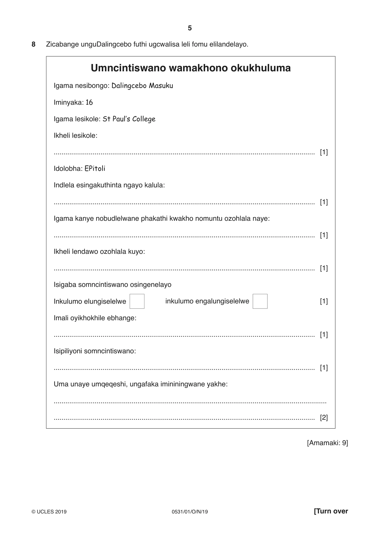 Cambridge IGCSE IsiZulu as a Second Language 0531 2019 Oct/Nov Paper 1 · Variant 1 question paper, page 5 of 20