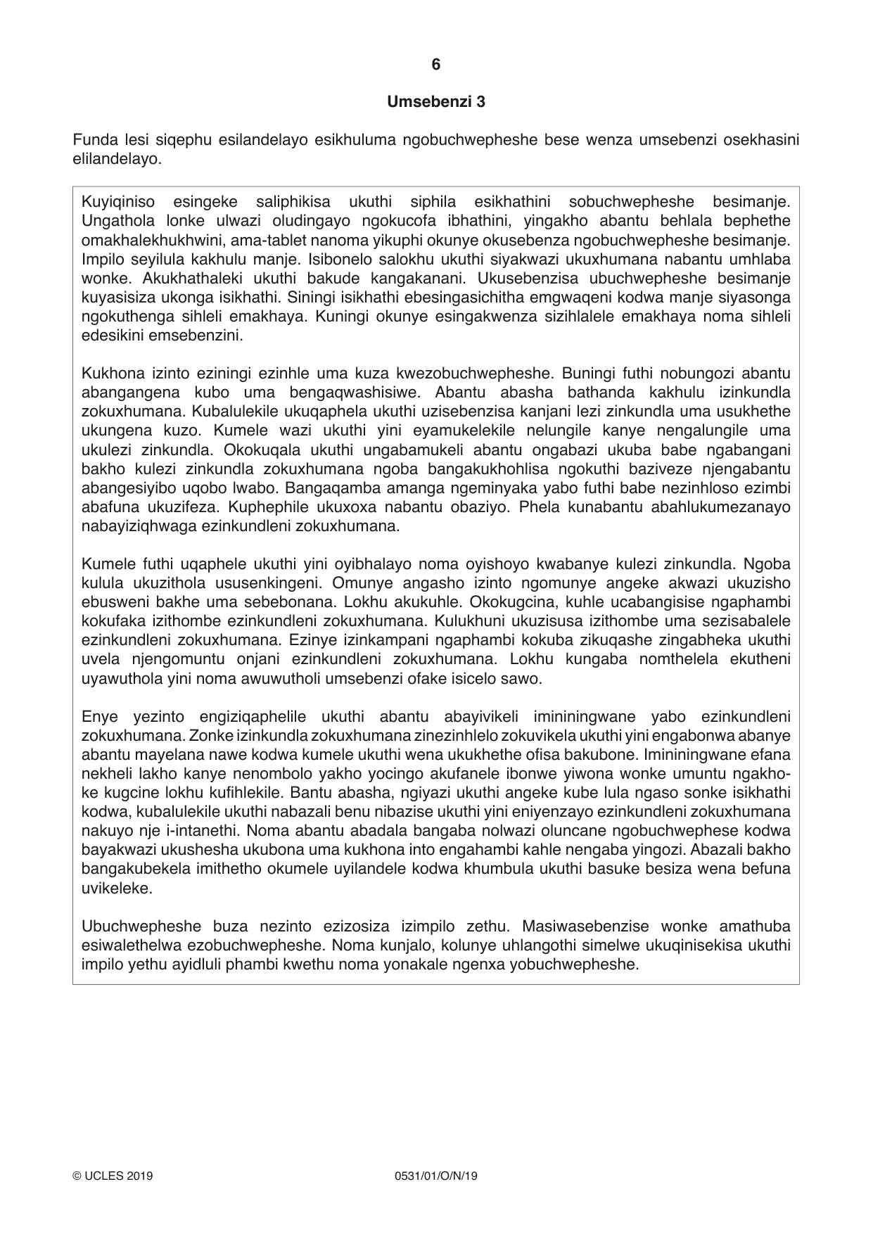 Cambridge IGCSE IsiZulu as a Second Language 0531 2019 Oct/Nov Paper 1 · Variant 1 question paper, page 6 of 20