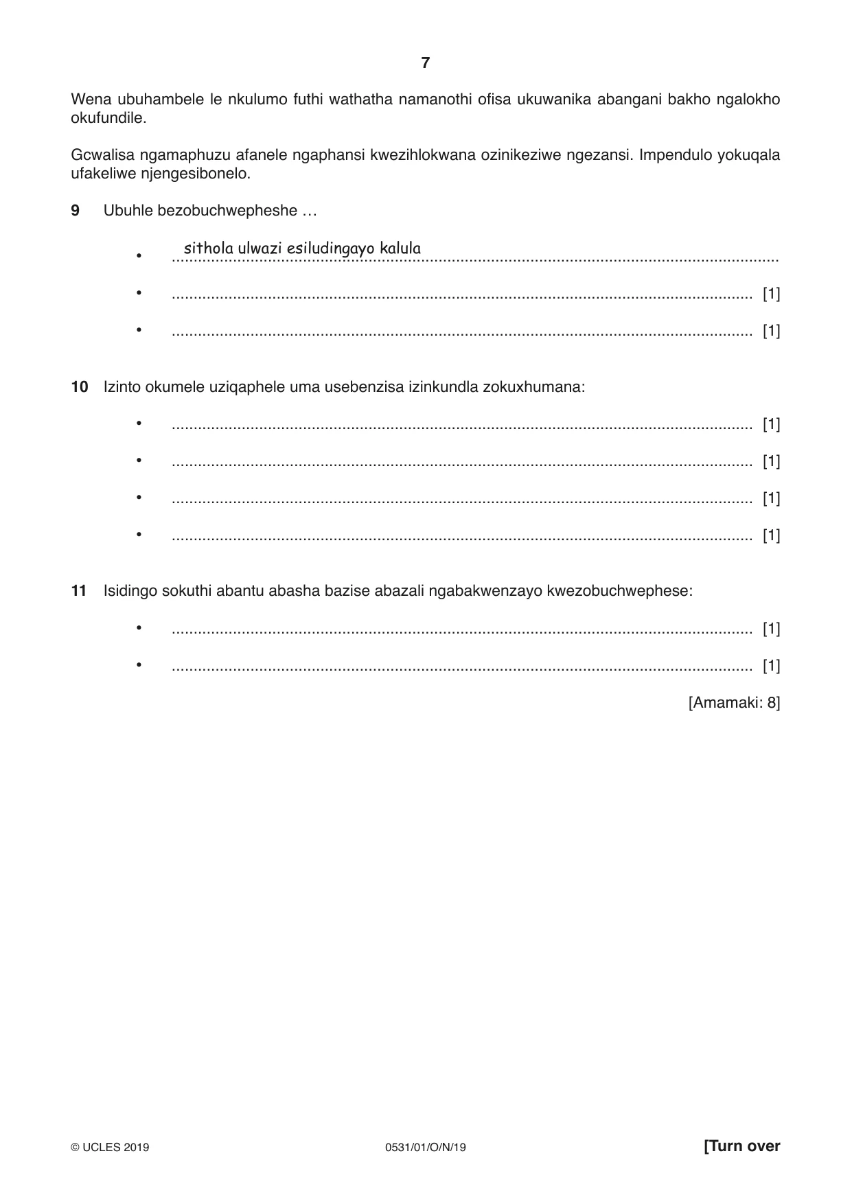 Cambridge IGCSE IsiZulu as a Second Language 0531 2019 Oct/Nov Paper 1 · Variant 1 question paper, page 7 of 20