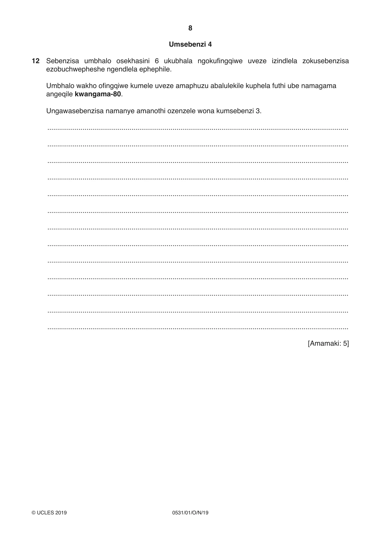 Cambridge IGCSE IsiZulu as a Second Language 0531 2019 Oct/Nov Paper 1 · Variant 1 question paper, page 8 of 20