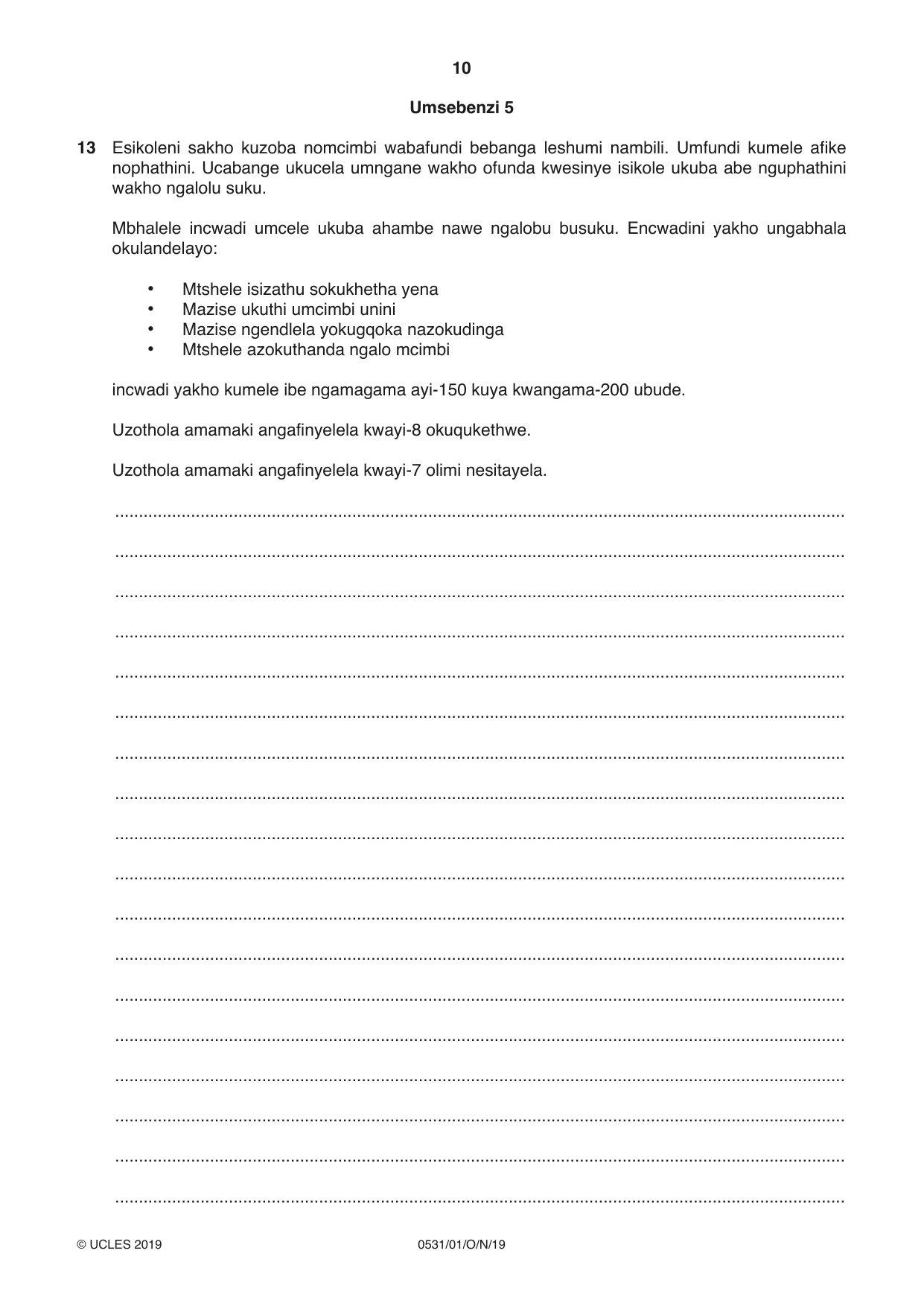Cambridge IGCSE IsiZulu as a Second Language 0531 2019 Oct/Nov Paper 1 · Variant 1 question paper, page 10 of 20