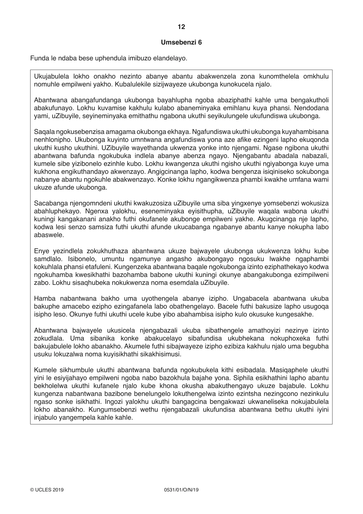 Cambridge IGCSE IsiZulu as a Second Language 0531 2019 Oct/Nov Paper 1 · Variant 1 question paper, page 12 of 20