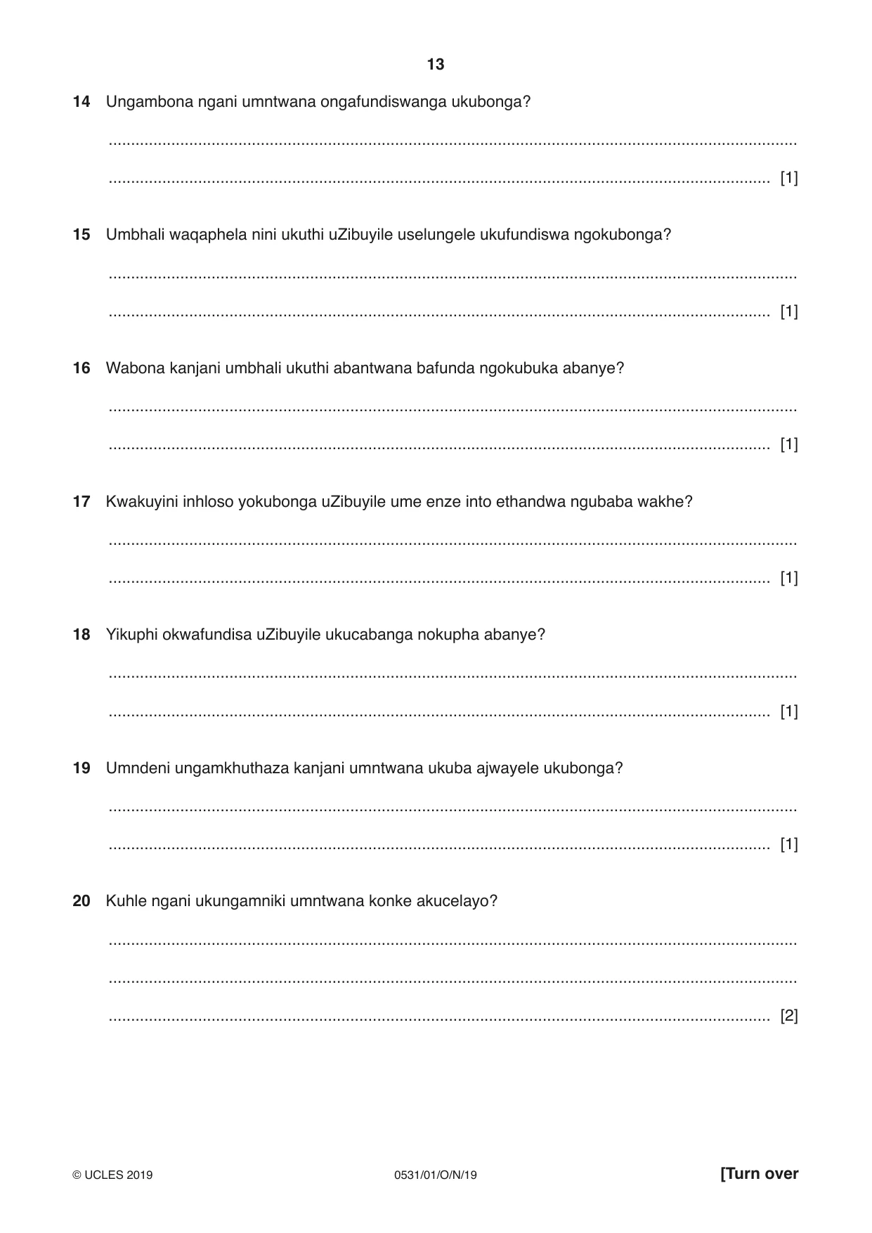 Cambridge IGCSE IsiZulu as a Second Language 0531 2019 Oct/Nov Paper 1 · Variant 1 question paper, page 13 of 20
