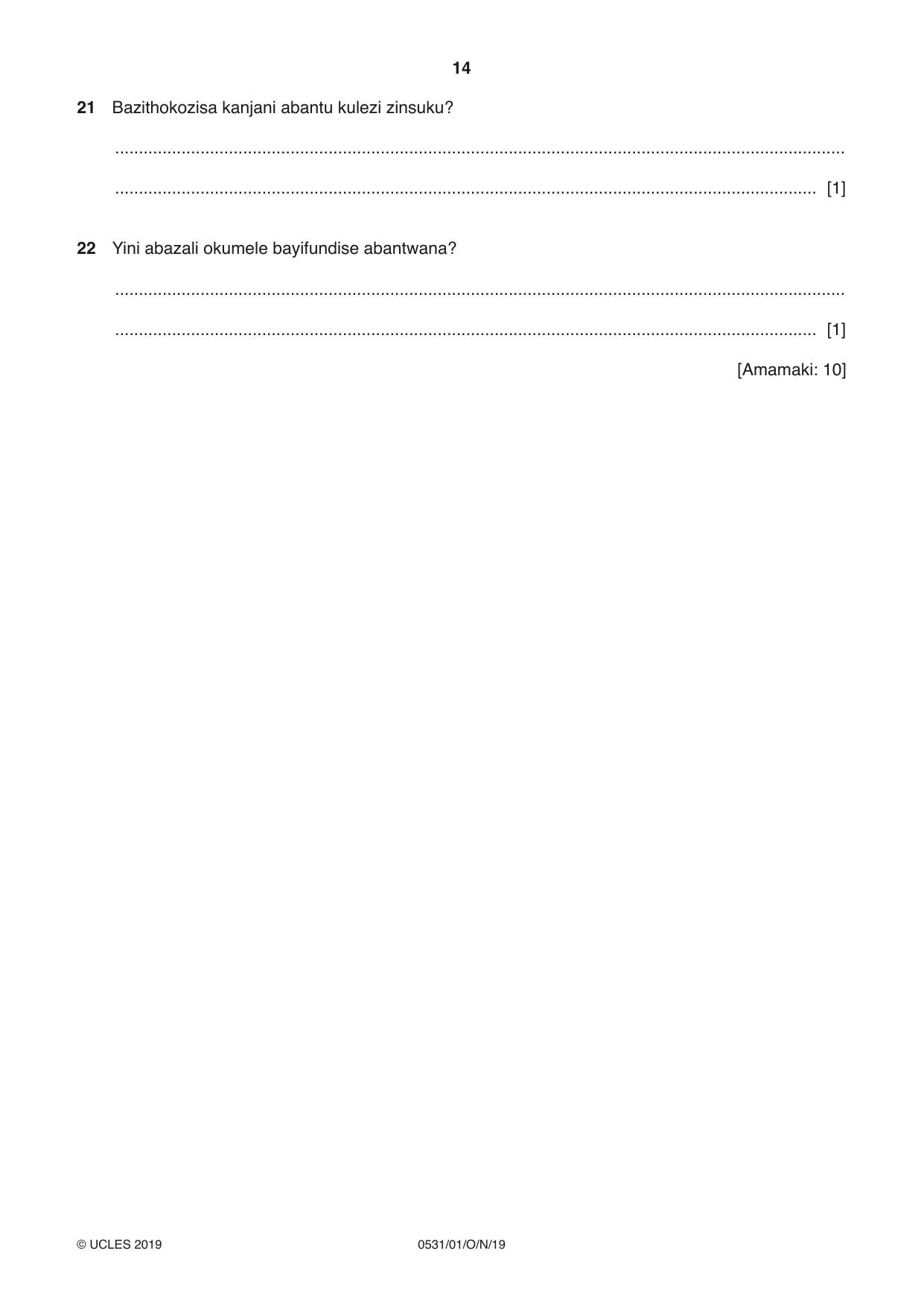 Cambridge IGCSE IsiZulu as a Second Language 0531 2019 Oct/Nov Paper 1 · Variant 1 question paper, page 14 of 20