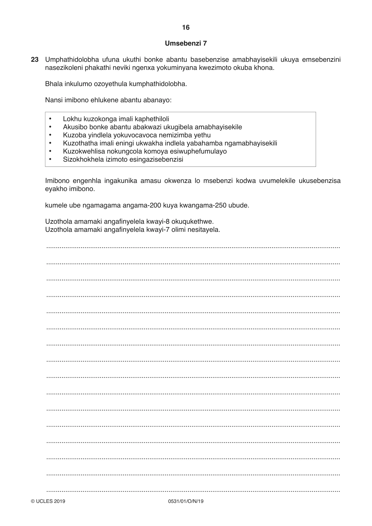 Cambridge IGCSE IsiZulu as a Second Language 0531 2019 Oct/Nov Paper 1 · Variant 1 question paper, page 16 of 20