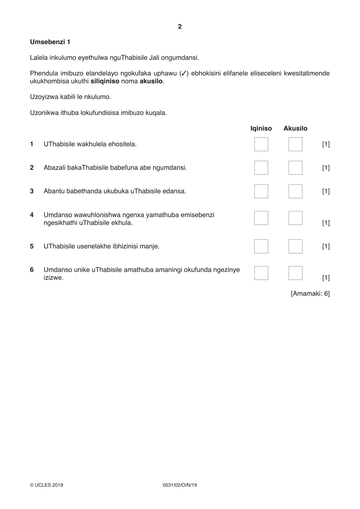 Cambridge IGCSE IsiZulu as a Second Language 0531 2019 Oct/Nov Paper 2 · Variant 1 question paper, page 2 of 8