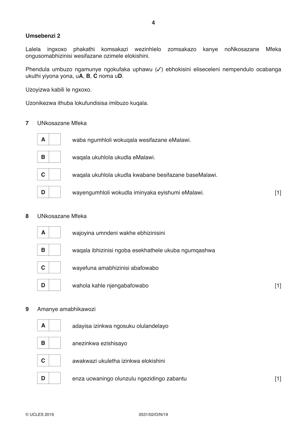 Cambridge IGCSE IsiZulu as a Second Language 0531 2019 Oct/Nov Paper 2 · Variant 1 question paper, page 4 of 8