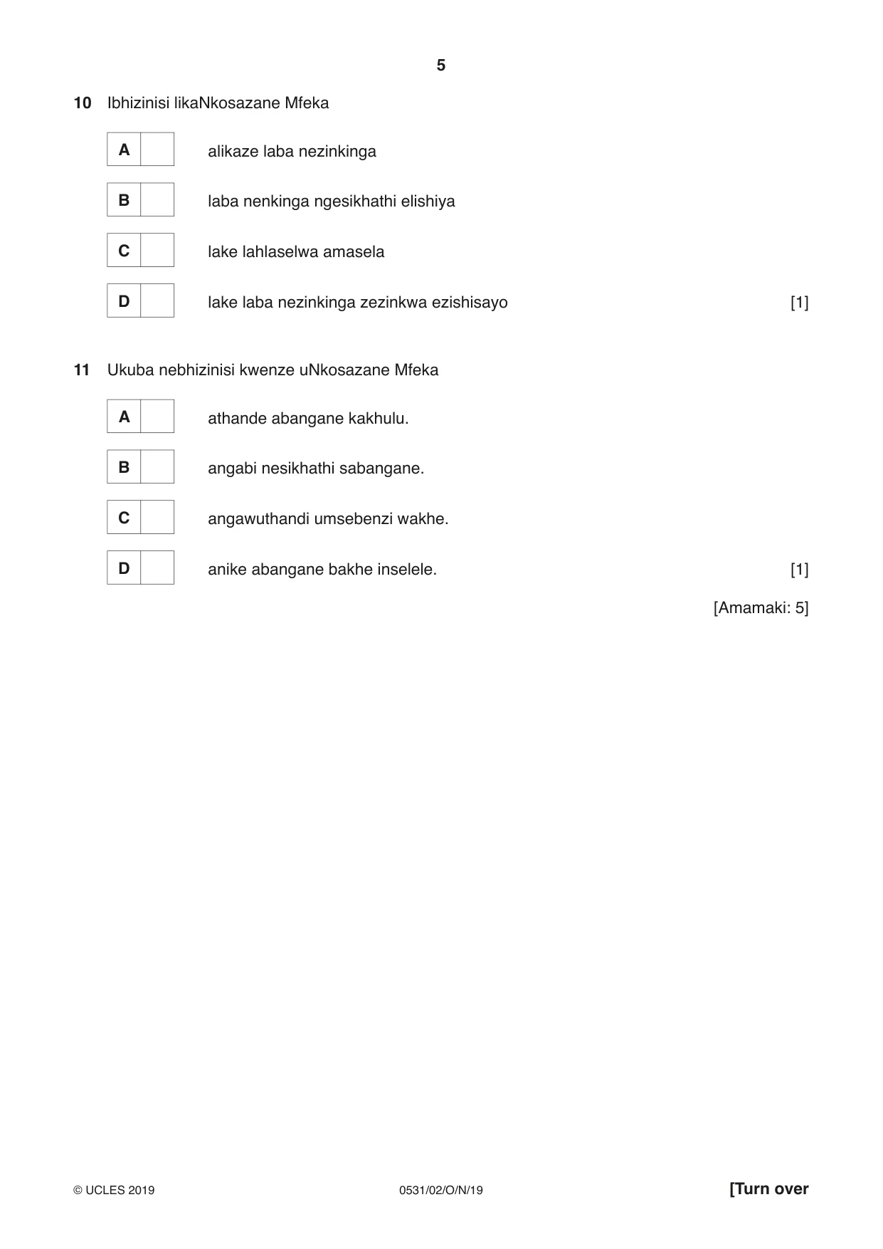 Cambridge IGCSE IsiZulu as a Second Language 0531 2019 Oct/Nov Paper 2 · Variant 1 question paper, page 5 of 8