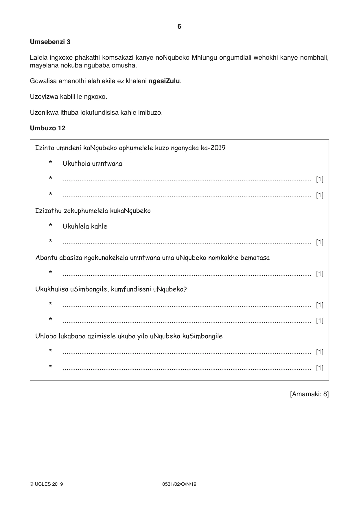 Cambridge IGCSE IsiZulu as a Second Language 0531 2019 Oct/Nov Paper 2 · Variant 1 question paper, page 6 of 8