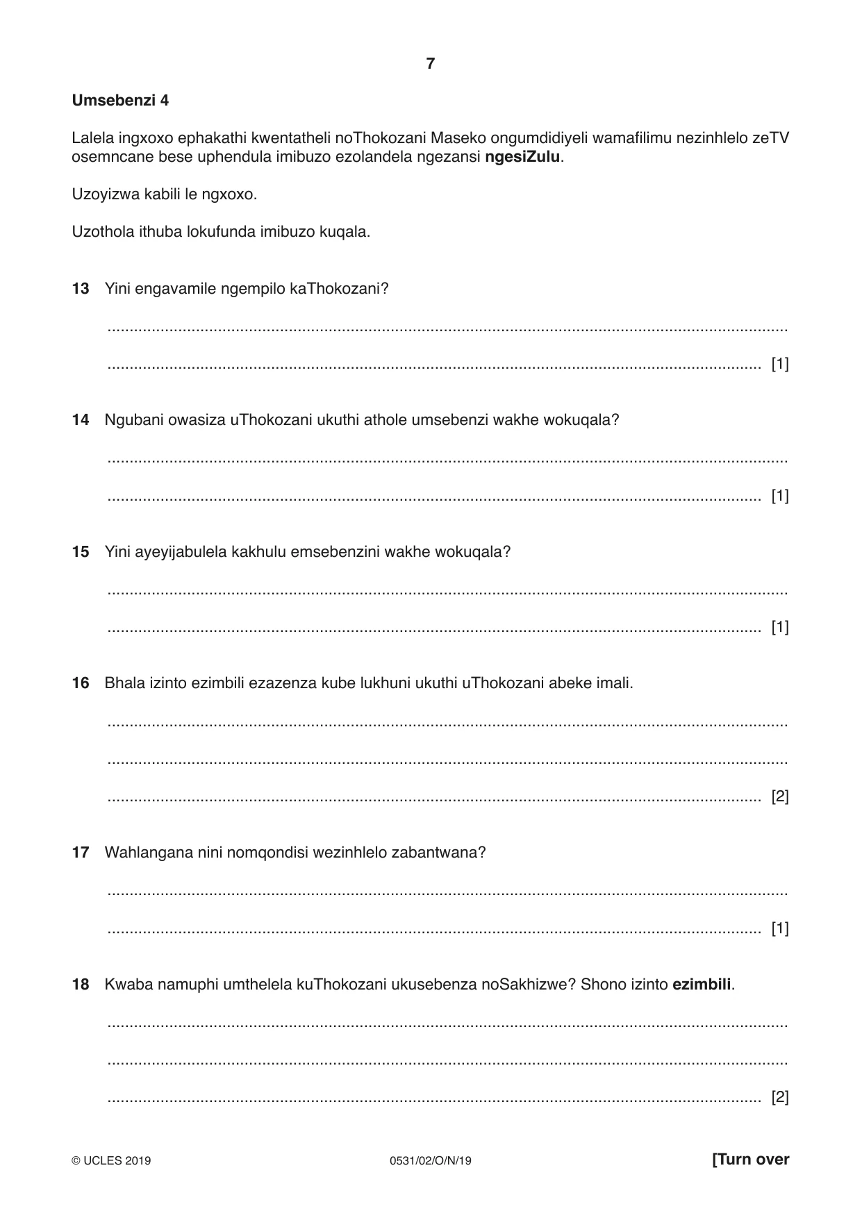 Cambridge IGCSE IsiZulu as a Second Language 0531 2019 Oct/Nov Paper 2 · Variant 1 question paper, page 7 of 8