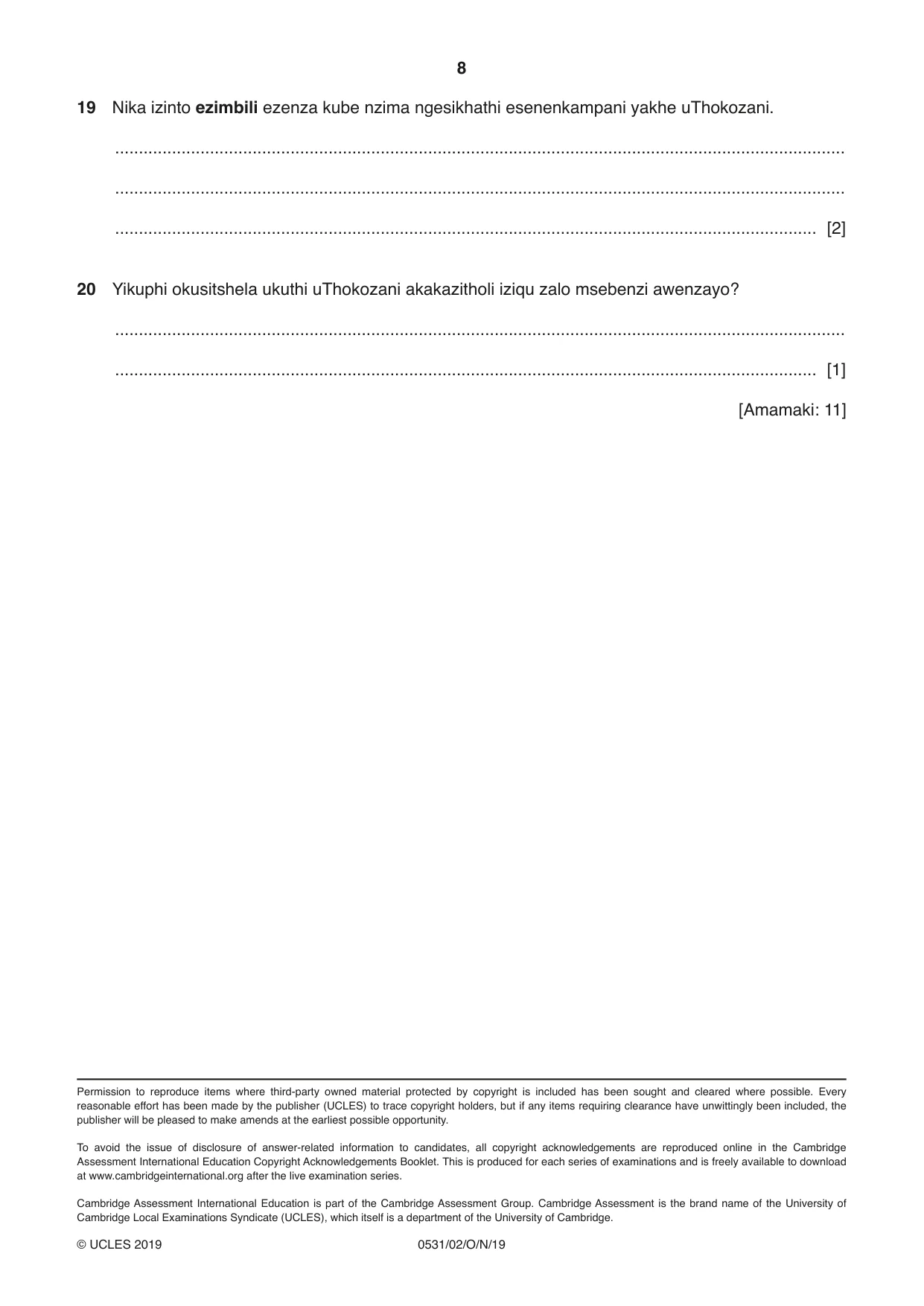 Cambridge IGCSE IsiZulu as a Second Language 0531 2019 Oct/Nov Paper 2 · Variant 1 question paper, page 8 of 8