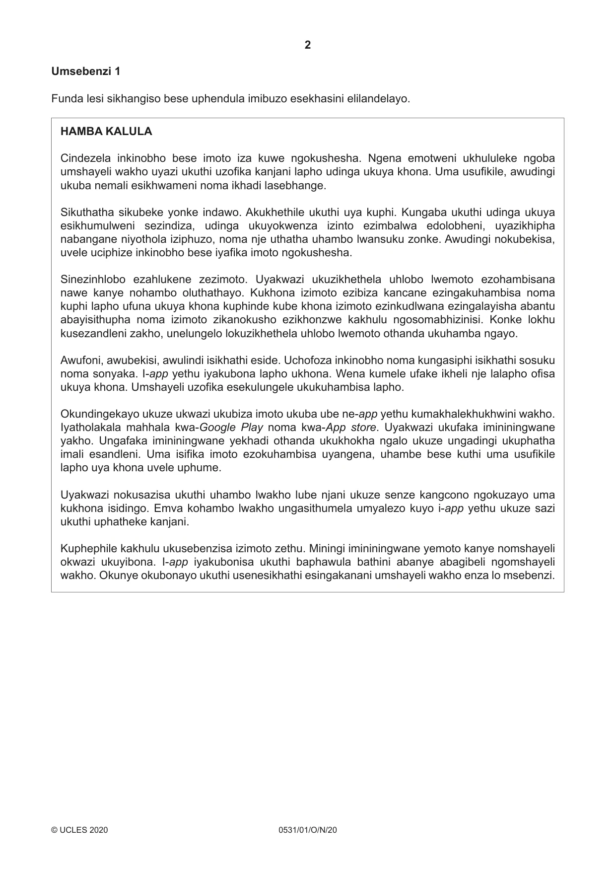 Cambridge IGCSE IsiZulu as a Second Language 0531 2020 Oct/Nov Paper 1 · Variant 0 question paper, page 2 of 16