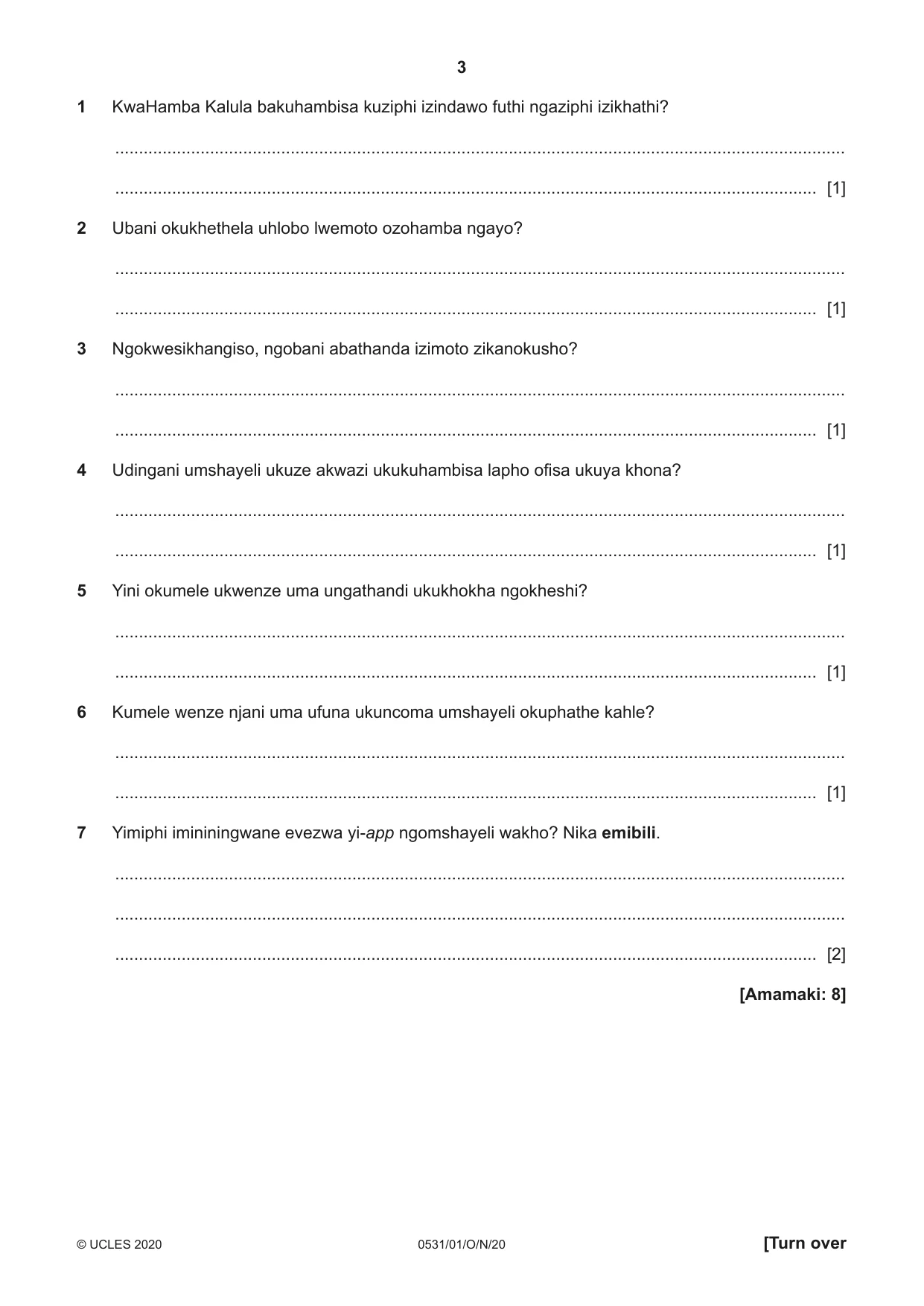Cambridge IGCSE IsiZulu as a Second Language 0531 2020 Oct/Nov Paper 1 · Variant 0 question paper, page 3 of 16