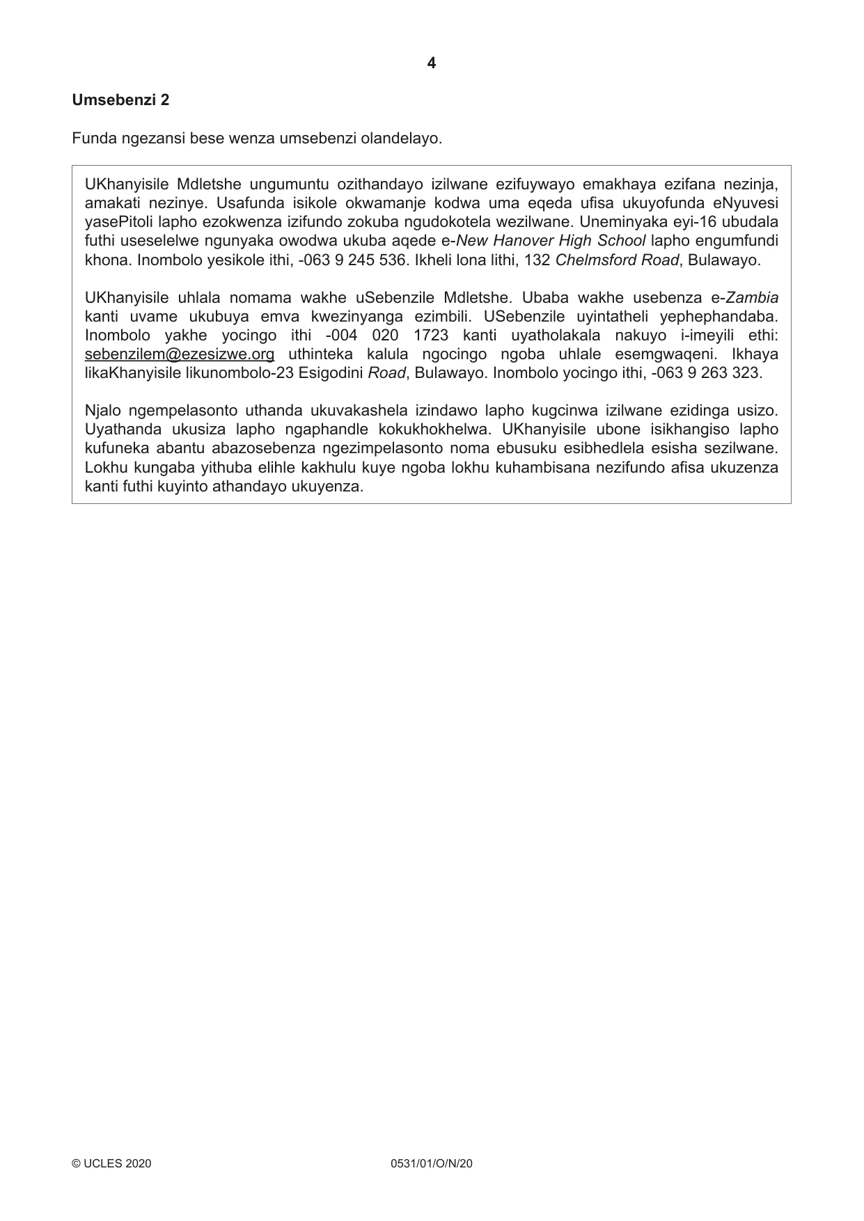 Cambridge IGCSE IsiZulu as a Second Language 0531 2020 Oct/Nov Paper 1 · Variant 0 question paper, page 4 of 16