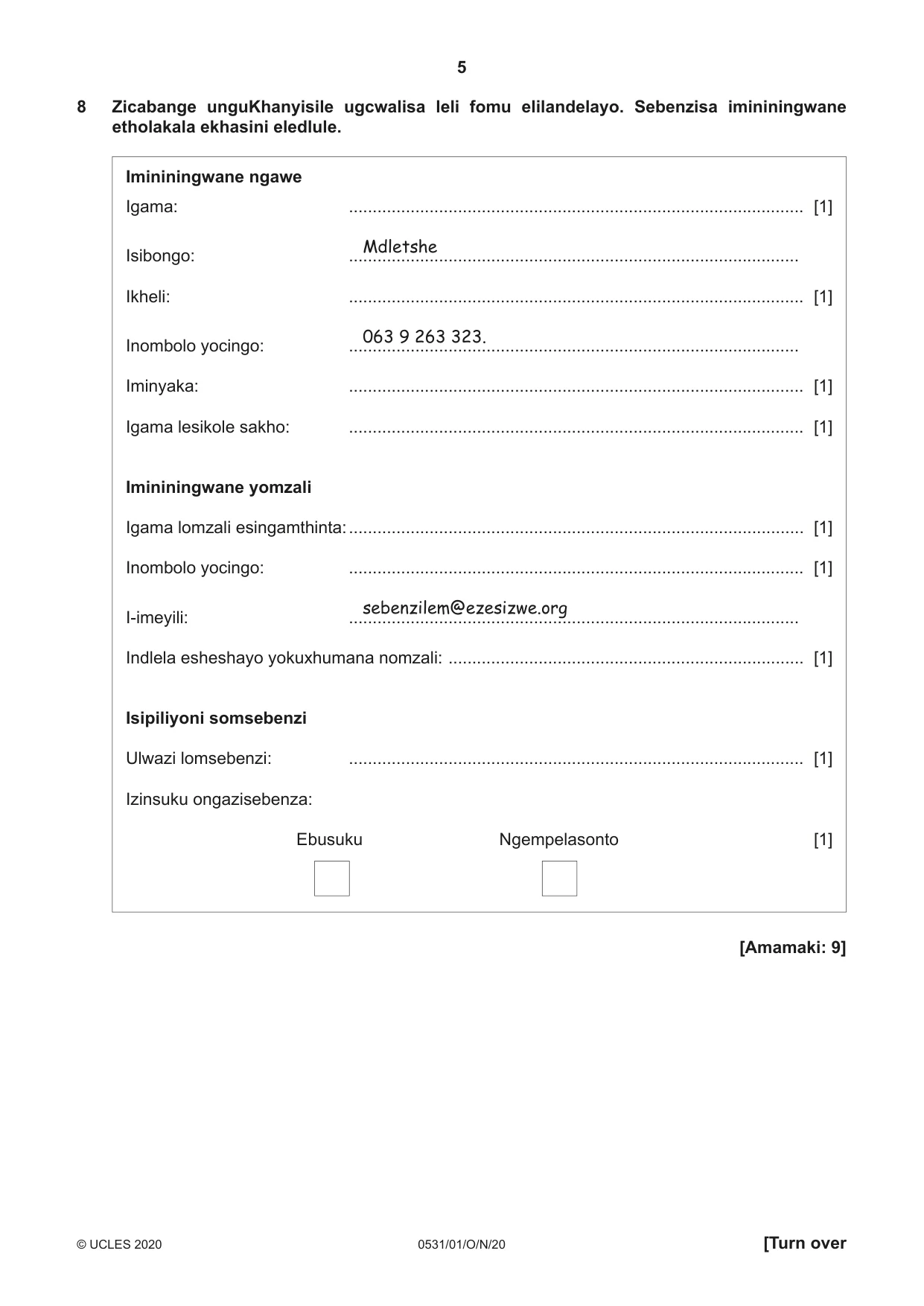 Cambridge IGCSE IsiZulu as a Second Language 0531 2020 Oct/Nov Paper 1 · Variant 0 question paper, page 5 of 16