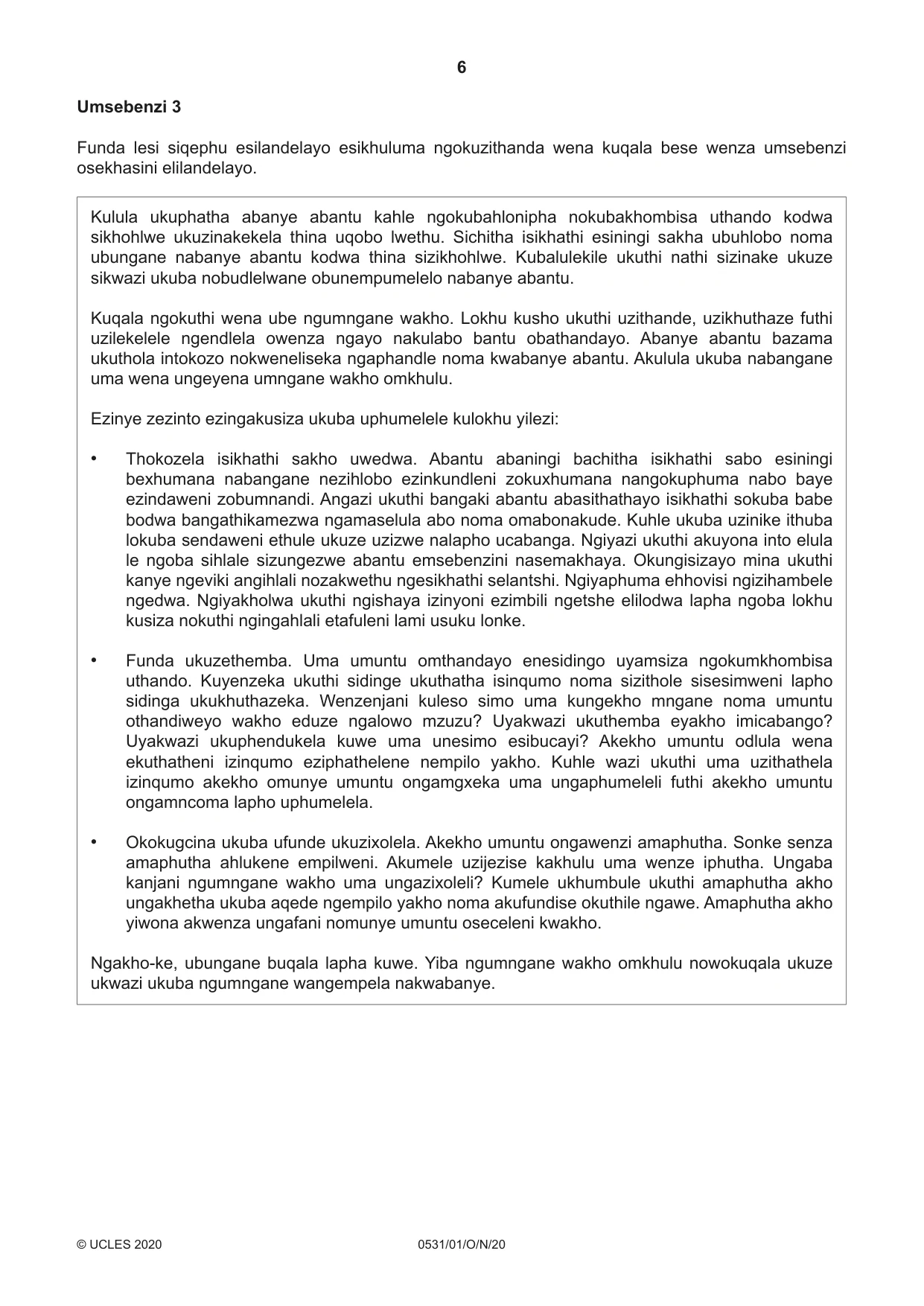 Cambridge IGCSE IsiZulu as a Second Language 0531 2020 Oct/Nov Paper 1 · Variant 0 question paper, page 6 of 16