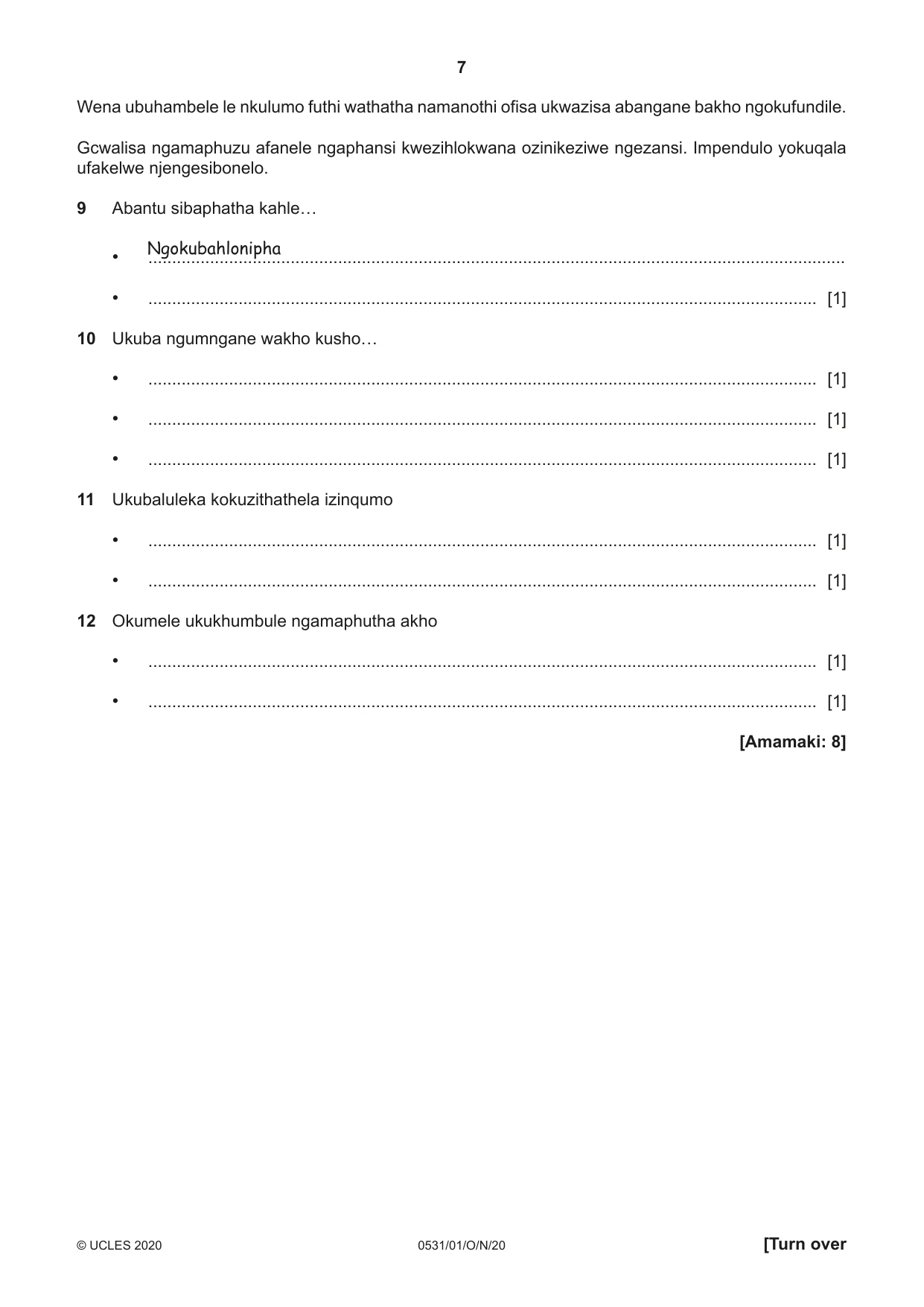 Cambridge IGCSE IsiZulu as a Second Language 0531 2020 Oct/Nov Paper 1 · Variant 0 question paper, page 7 of 16