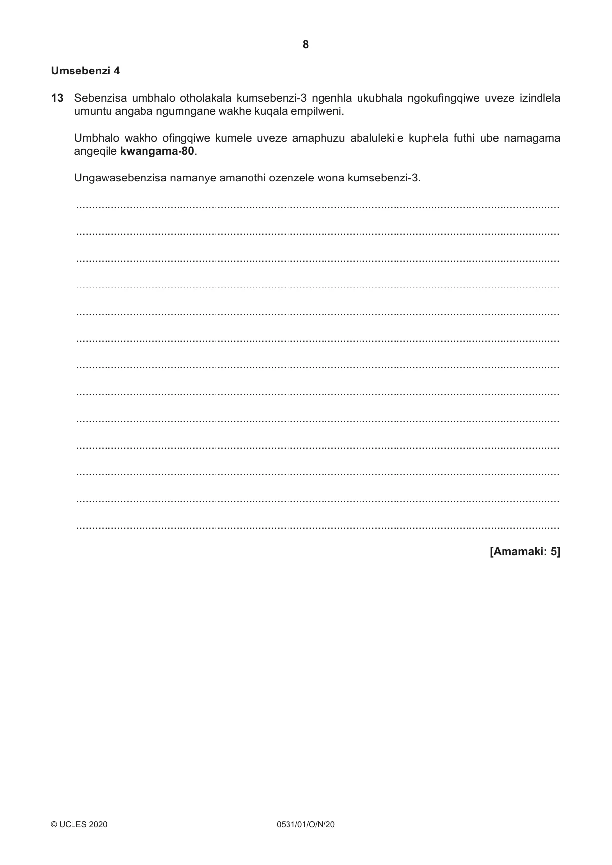 Cambridge IGCSE IsiZulu as a Second Language 0531 2020 Oct/Nov Paper 1 · Variant 0 question paper, page 8 of 16