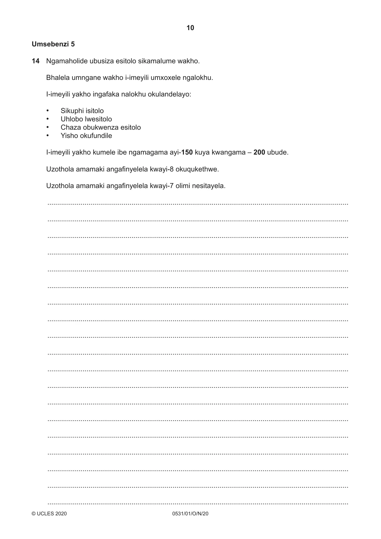 Cambridge IGCSE IsiZulu as a Second Language 0531 2020 Oct/Nov Paper 1 · Variant 0 question paper, page 10 of 16
