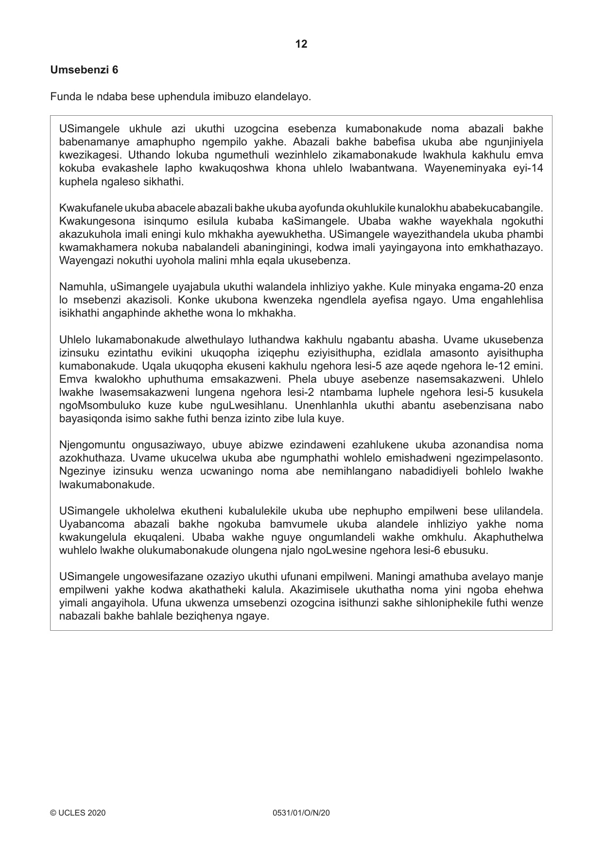 Cambridge IGCSE IsiZulu as a Second Language 0531 2020 Oct/Nov Paper 1 · Variant 0 question paper, page 12 of 16