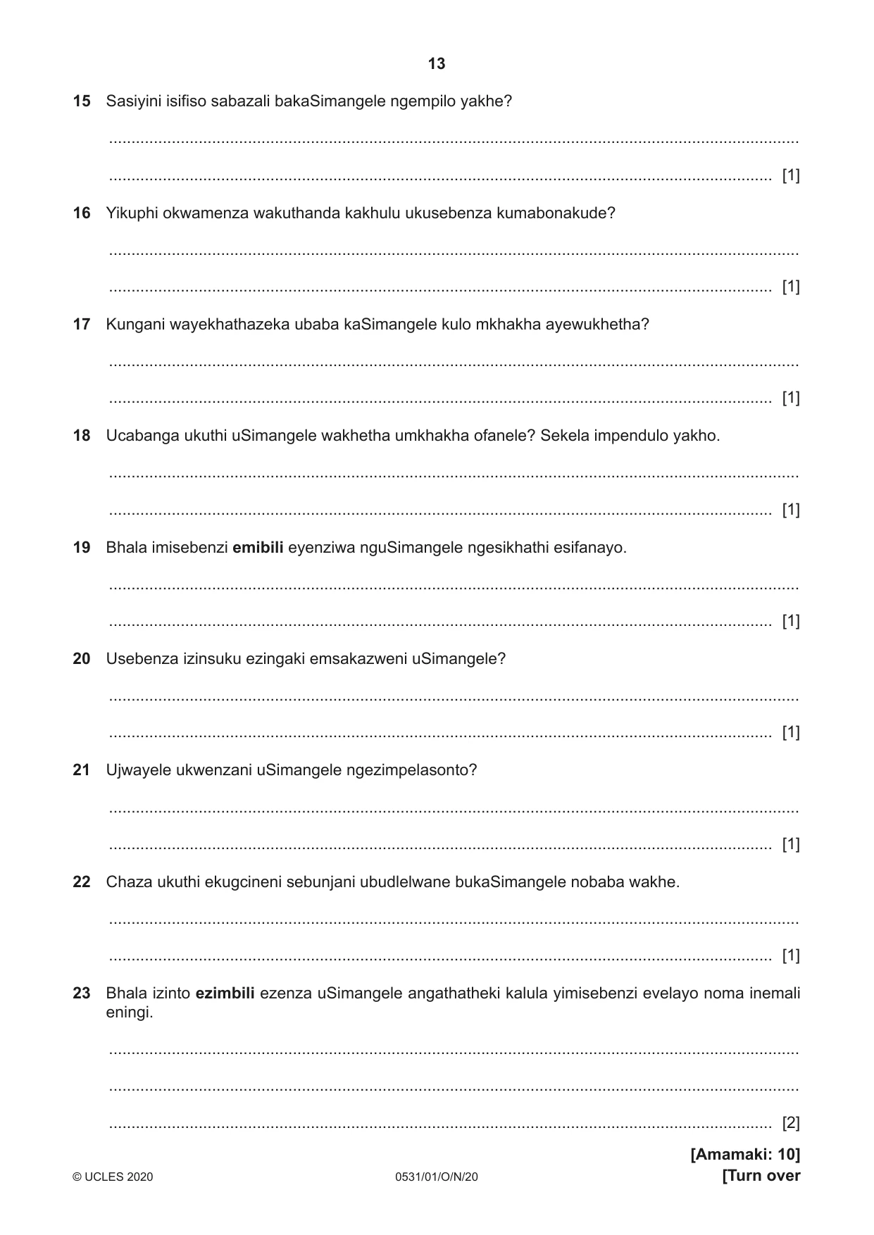Cambridge IGCSE IsiZulu as a Second Language 0531 2020 Oct/Nov Paper 1 · Variant 0 question paper, page 13 of 16