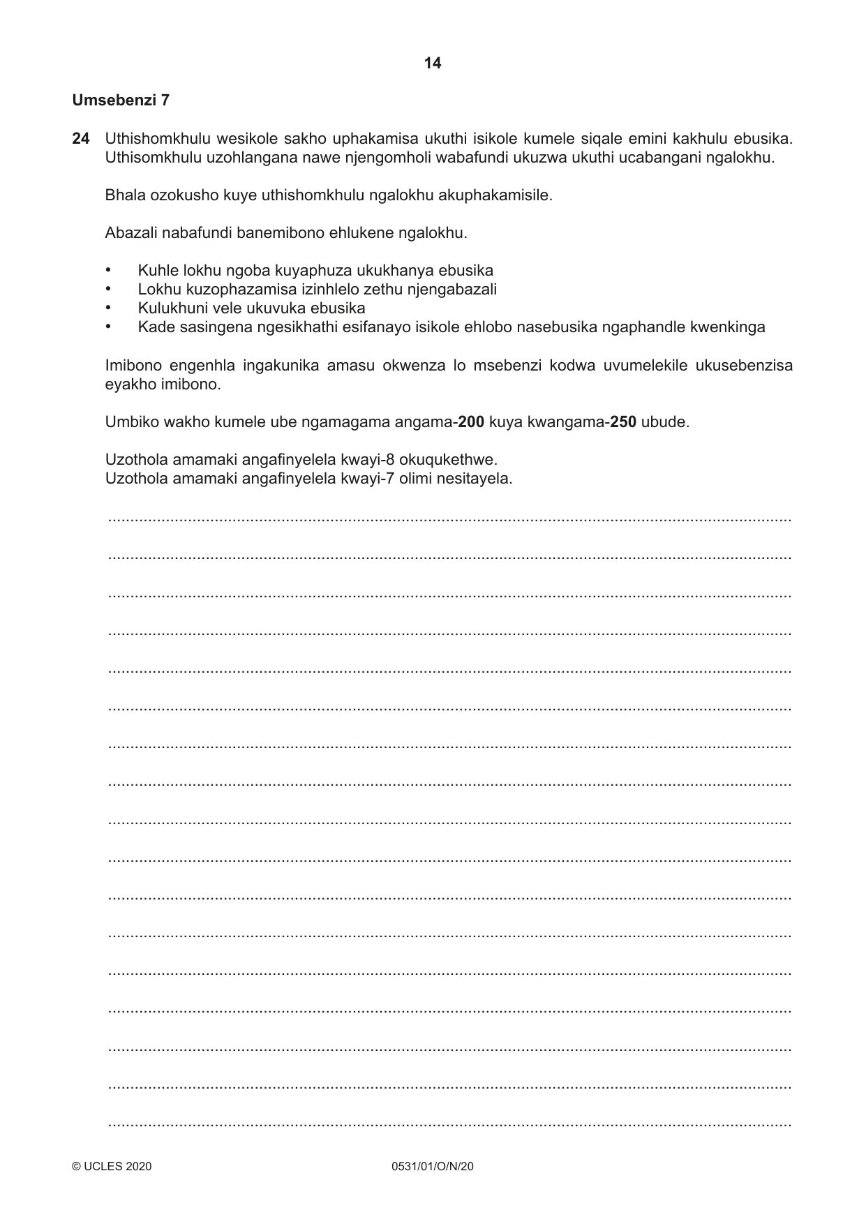 Cambridge IGCSE IsiZulu as a Second Language 0531 2020 Oct/Nov Paper 1 · Variant 0 question paper, page 14 of 16