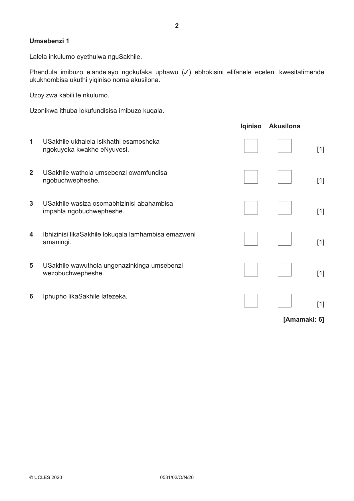 Cambridge IGCSE IsiZulu as a Second Language 0531 2020 Oct/Nov Paper 2 · Variant 0 question paper, page 2 of 8