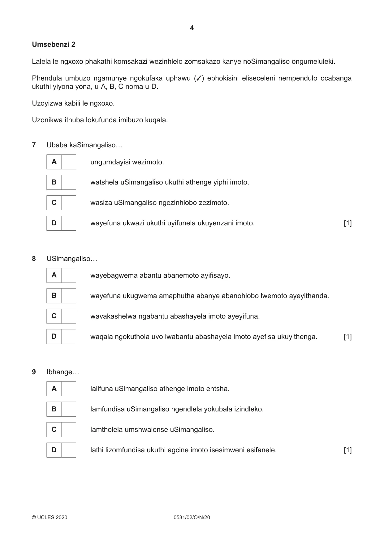 Cambridge IGCSE IsiZulu as a Second Language 0531 2020 Oct/Nov Paper 2 · Variant 0 question paper, page 4 of 8