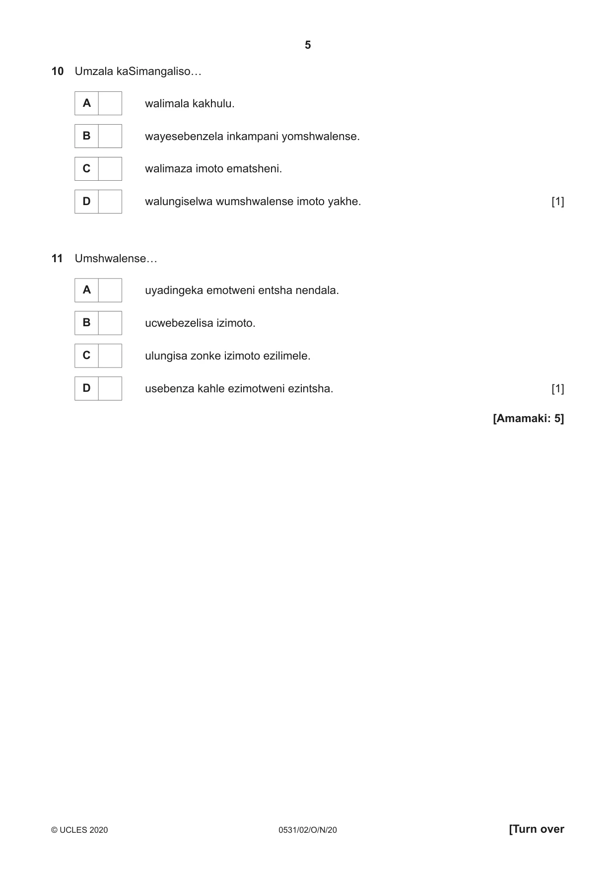 Cambridge IGCSE IsiZulu as a Second Language 0531 2020 Oct/Nov Paper 2 · Variant 0 question paper, page 5 of 8