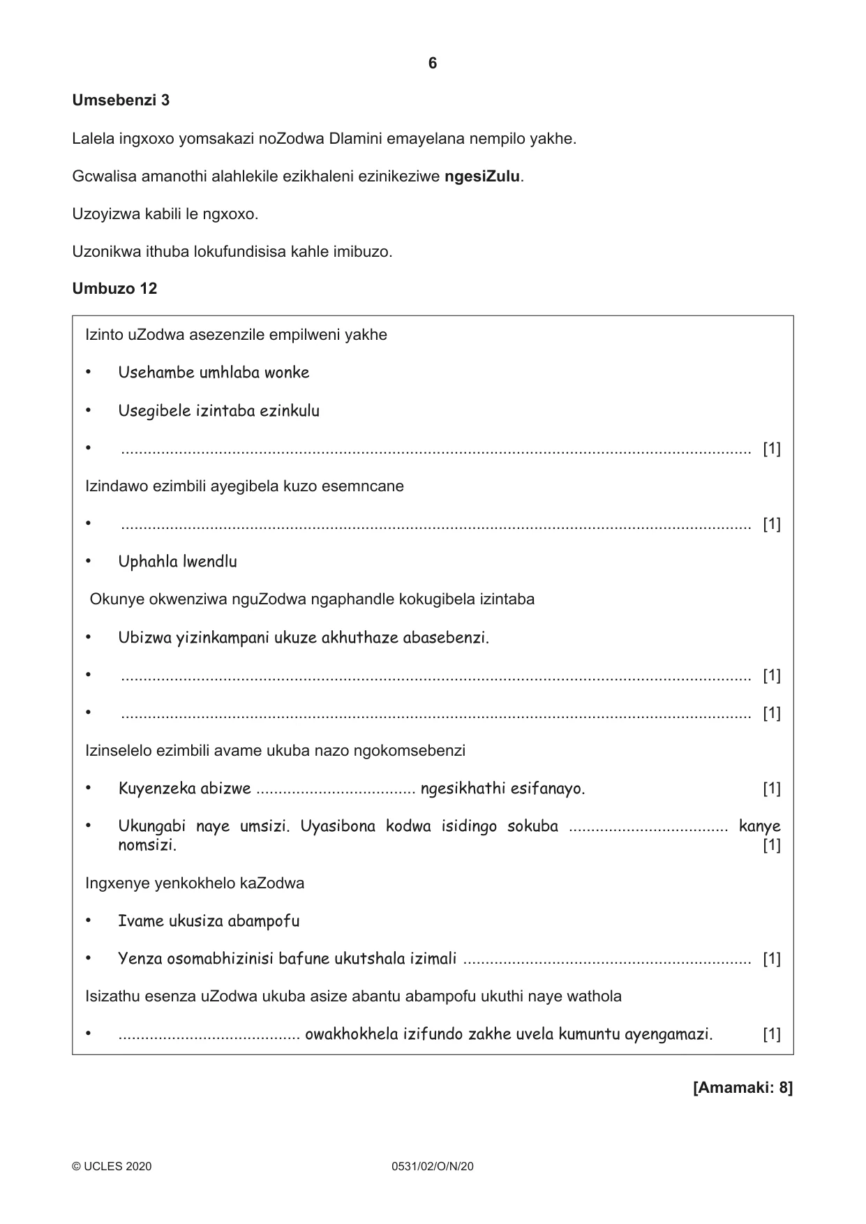 Cambridge IGCSE IsiZulu as a Second Language 0531 2020 Oct/Nov Paper 2 · Variant 0 question paper, page 6 of 8