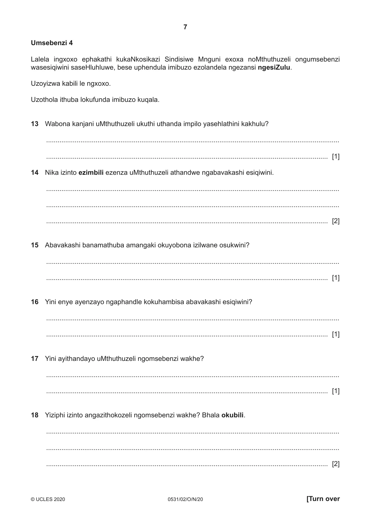 Cambridge IGCSE IsiZulu as a Second Language 0531 2020 Oct/Nov Paper 2 · Variant 0 question paper, page 7 of 8