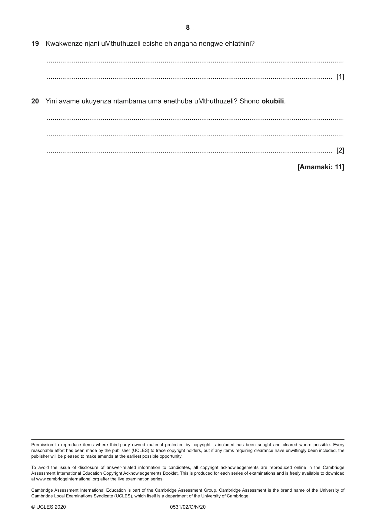 Cambridge IGCSE IsiZulu as a Second Language 0531 2020 Oct/Nov Paper 2 · Variant 0 question paper, page 8 of 8