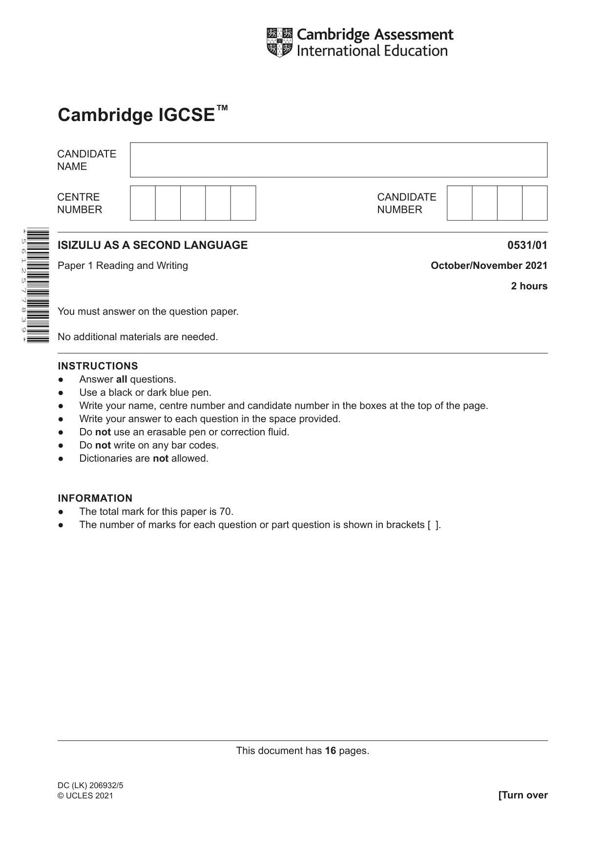 Cambridge IGCSE IsiZulu as a Second Language 0531 2021 Oct/Nov Paper 1 · Variant 0 question paper, page 1 of 16