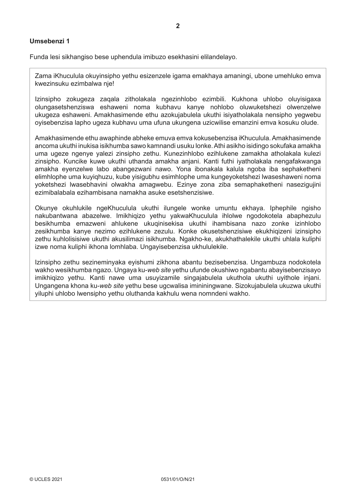 Cambridge IGCSE IsiZulu as a Second Language 0531 2021 Oct/Nov Paper 1 · Variant 0 question paper, page 2 of 16