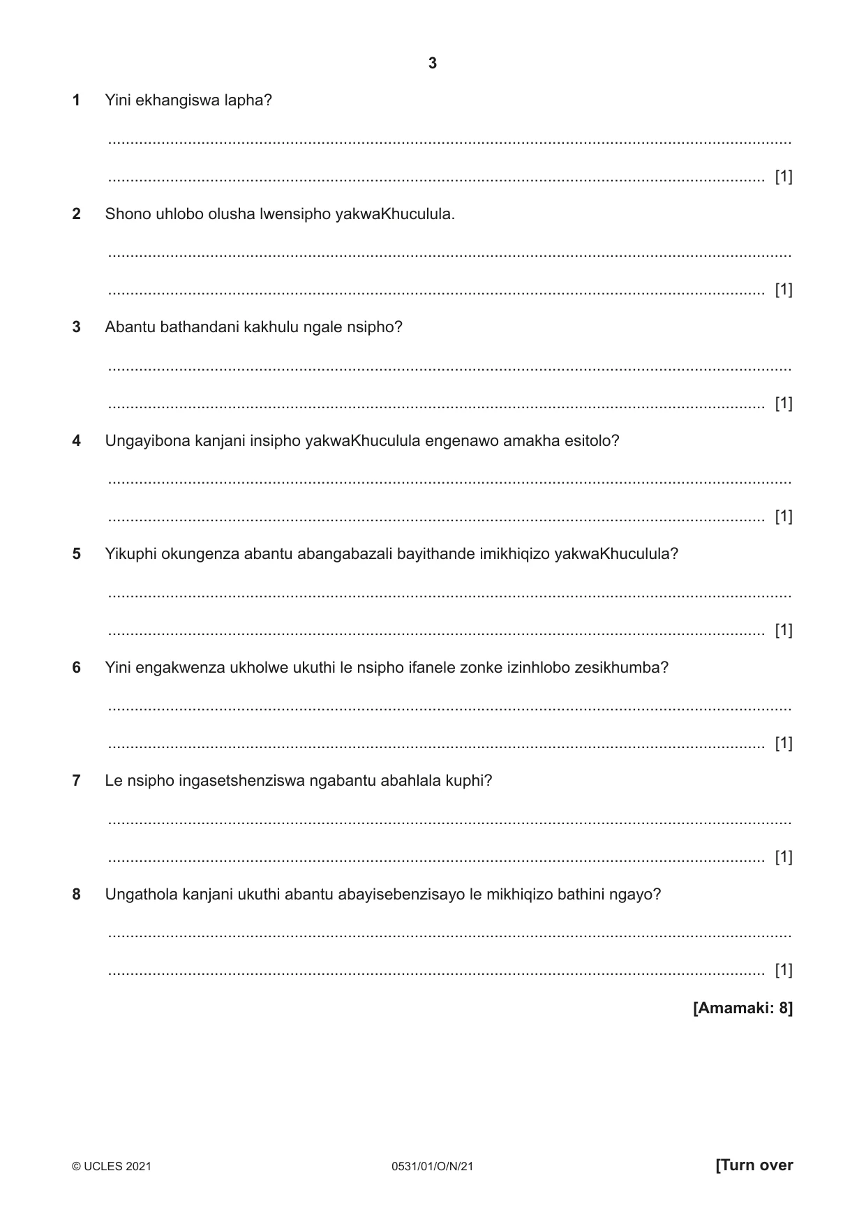 Cambridge IGCSE IsiZulu as a Second Language 0531 2021 Oct/Nov Paper 1 · Variant 0 question paper, page 3 of 16
